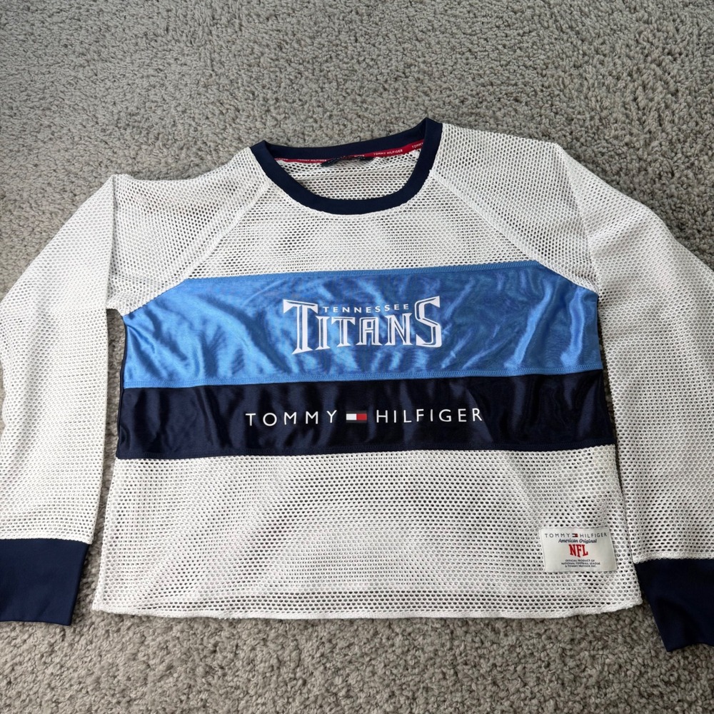 Tommy Hilfiger NFL Tennessee Titans Mesh Long Sleeve Jersey Top White Blue Large